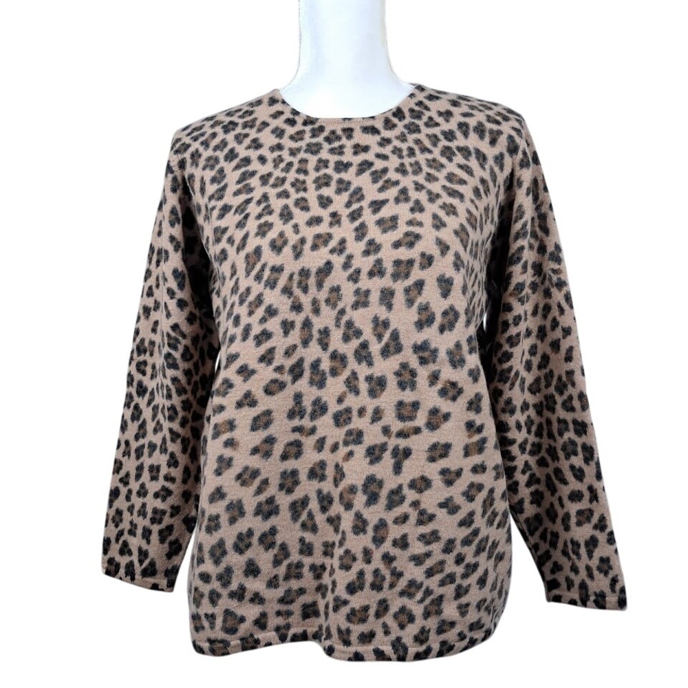 Vtg VALERIE STEVENS M Leopard Print Sweater Merino‎ Wool Crew Neck Long Sleeve